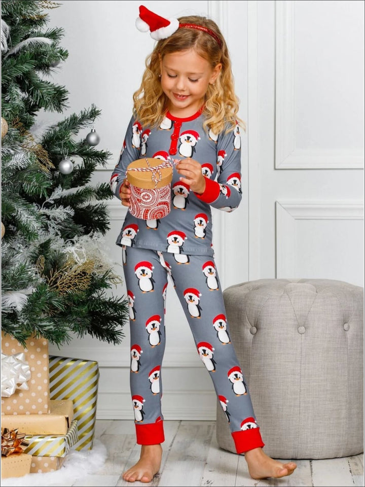 Kids Cute Winter Pajamas | Girls Christmas Penguin Pajama Set