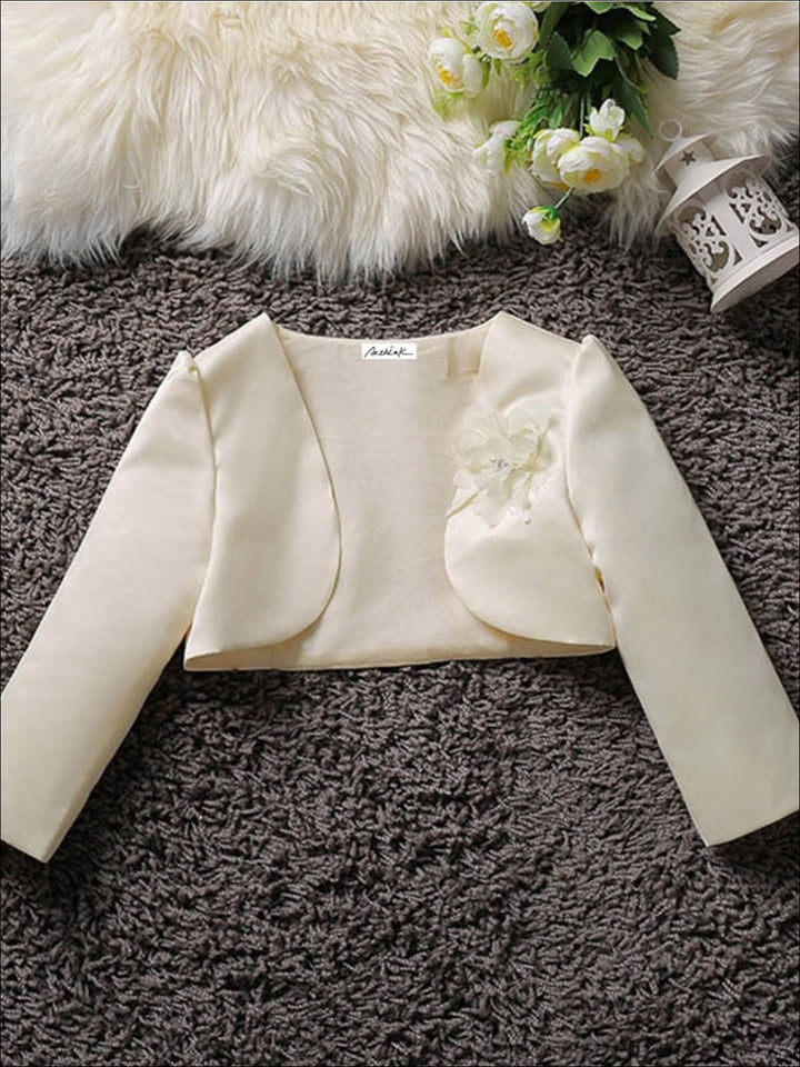 Girls Satin Flower Applique Bolero - Beige / 3T - Girls Jacket