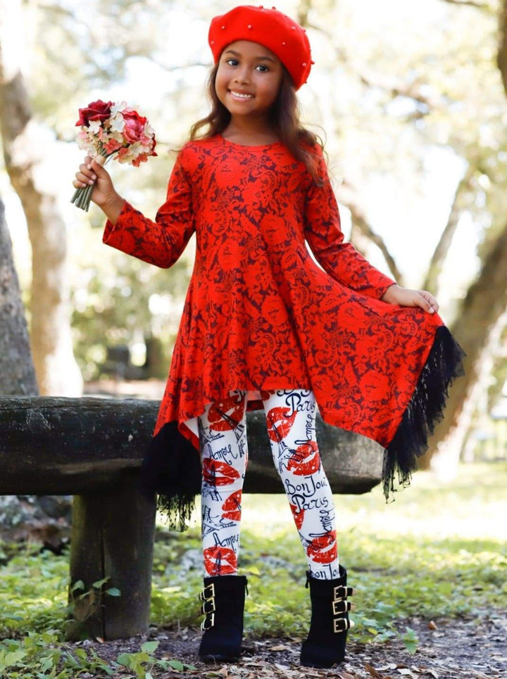 Girls Valentine's Clothes | Side Tail Lace Ruffled Tunic & Legging Set