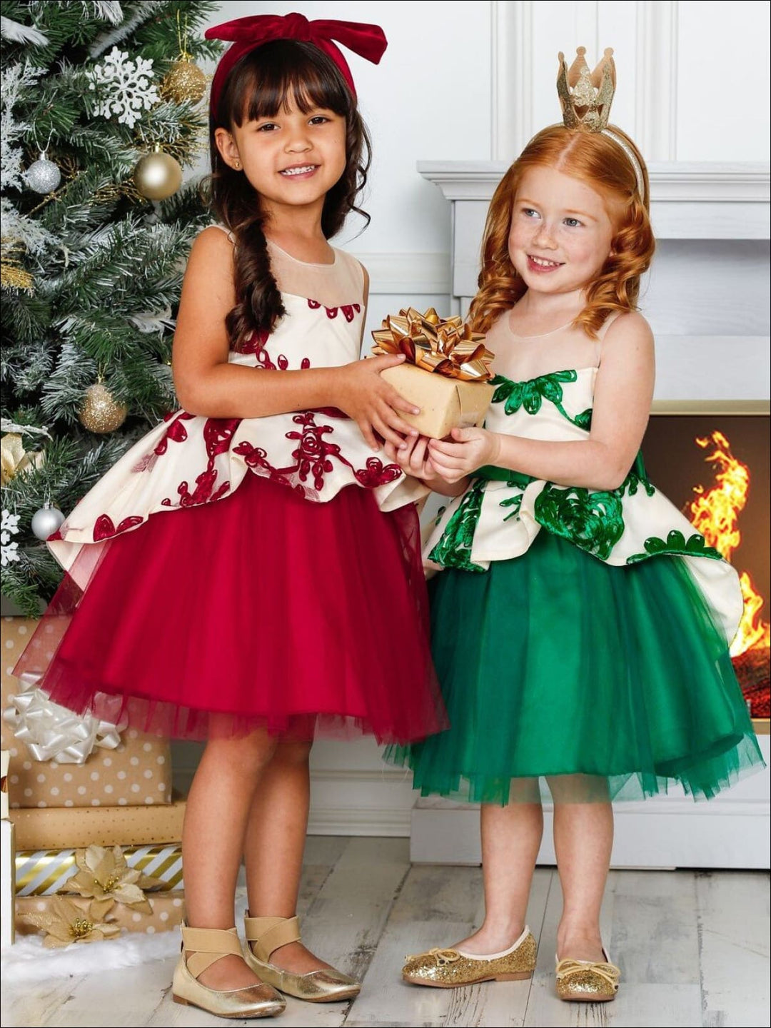 Kids Winter Formal Dress | Girls Nude Collar Peplum Holiday Dress