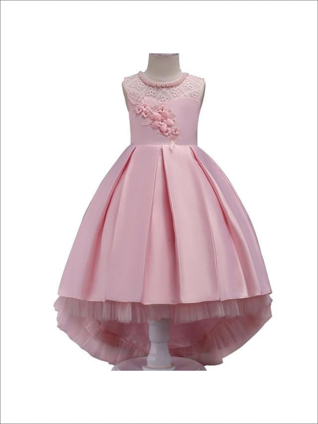 Children Formal Dress | Girls Pink Floral Hi-Lo Pleated Princess Dress