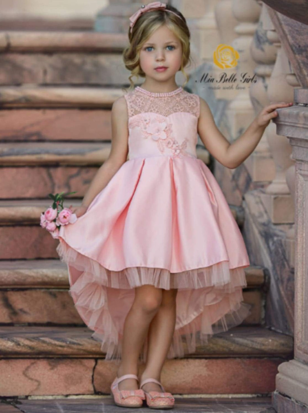 Children Formal Dress | Girls Pink Floral Hi-Lo Pleated Princess Dress