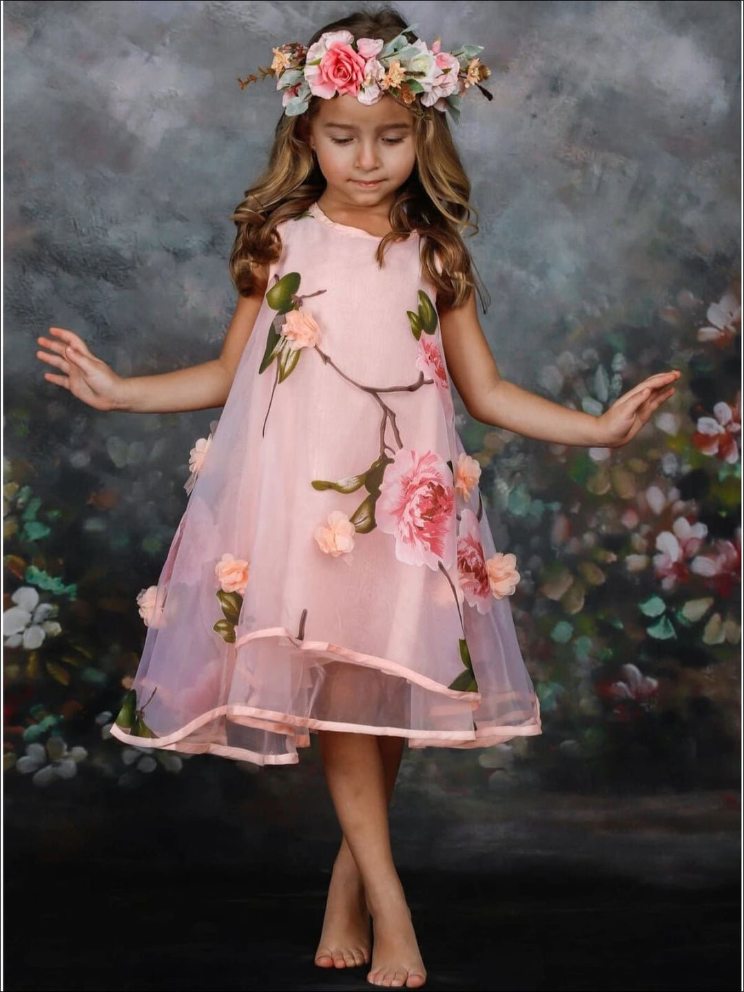 Girls Sleeveless Flower Mesh Lace Dress - Girls Spring Dressy Dress