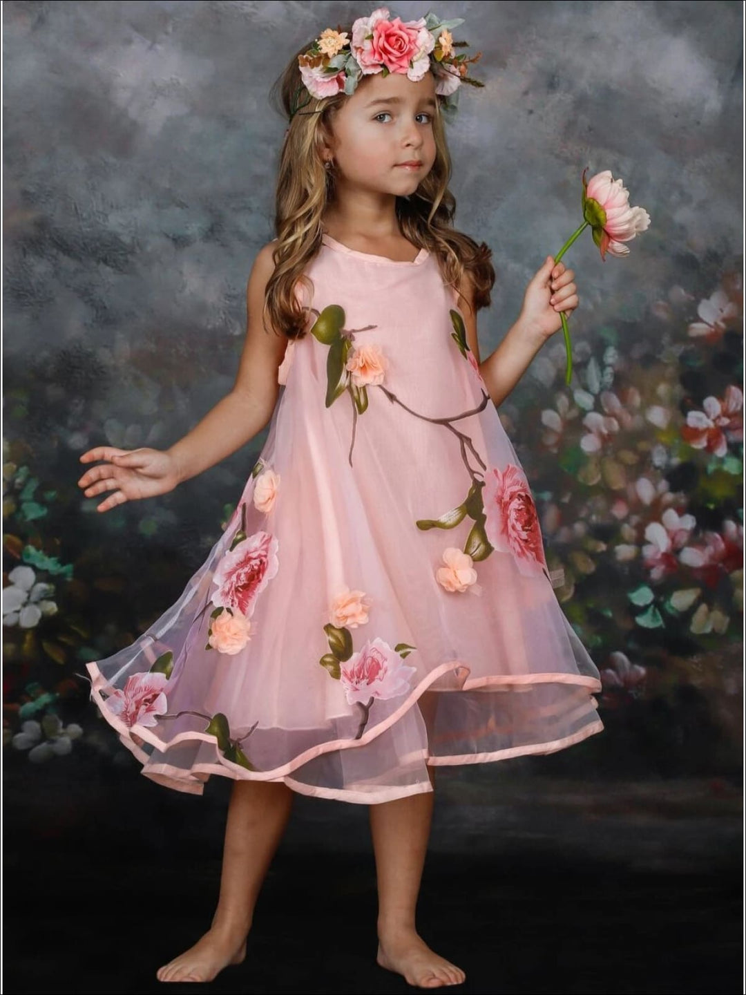 Girls Sleeveless Flower Mesh Lace Dress - Girls Spring Dressy Dress