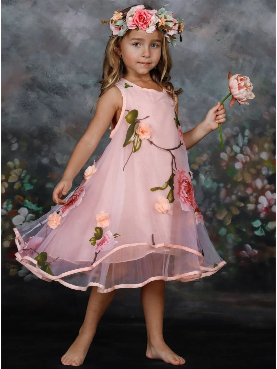 Girls Sleeveless Flower Mesh Lace Dress - Girls Spring Dressy Dress