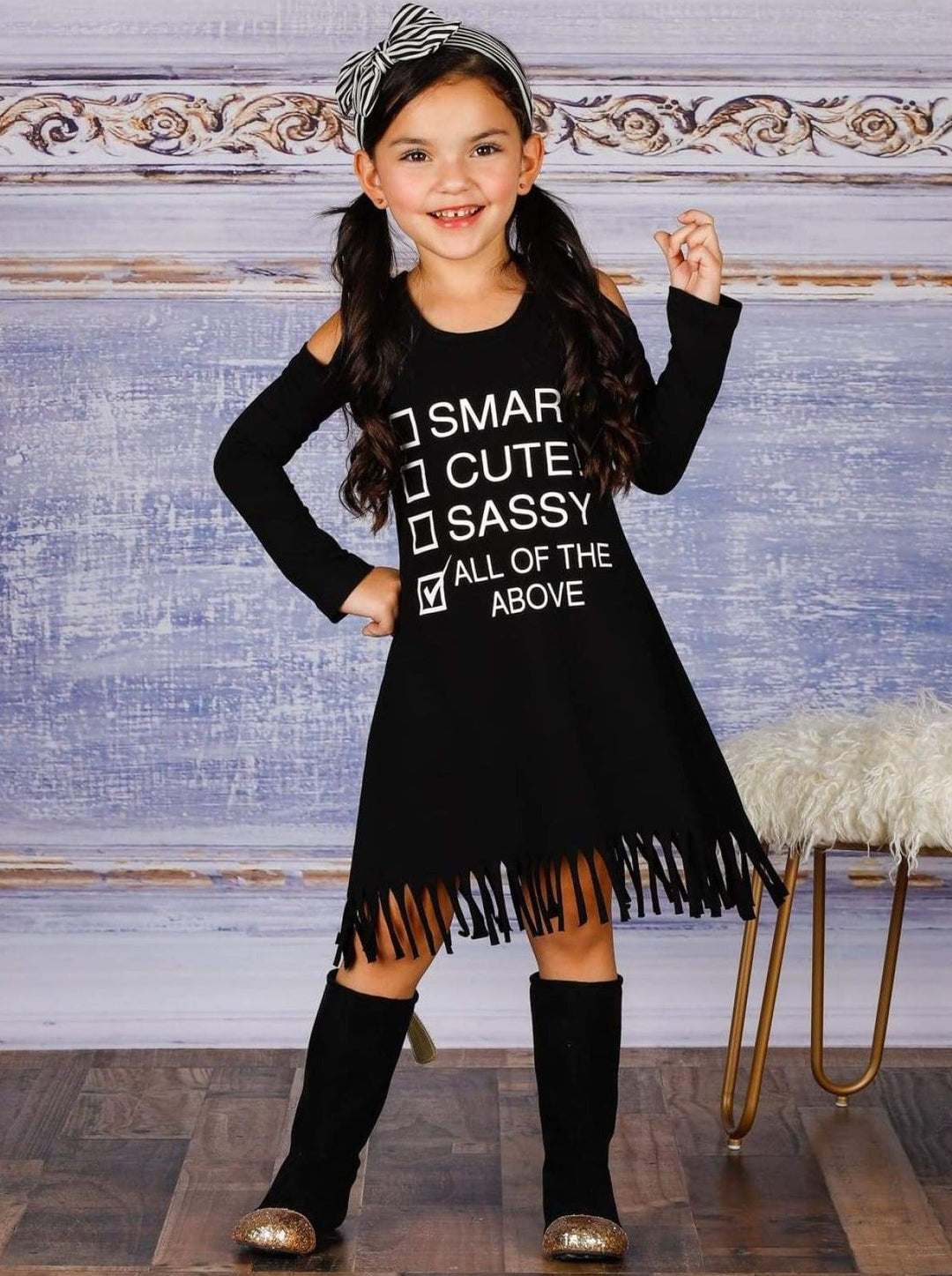 Girls Smart Cute Sassy All of the Above Checklist Cold Shoulder Fringe Graphic Statement Dress - Girls Fall Casual Dress