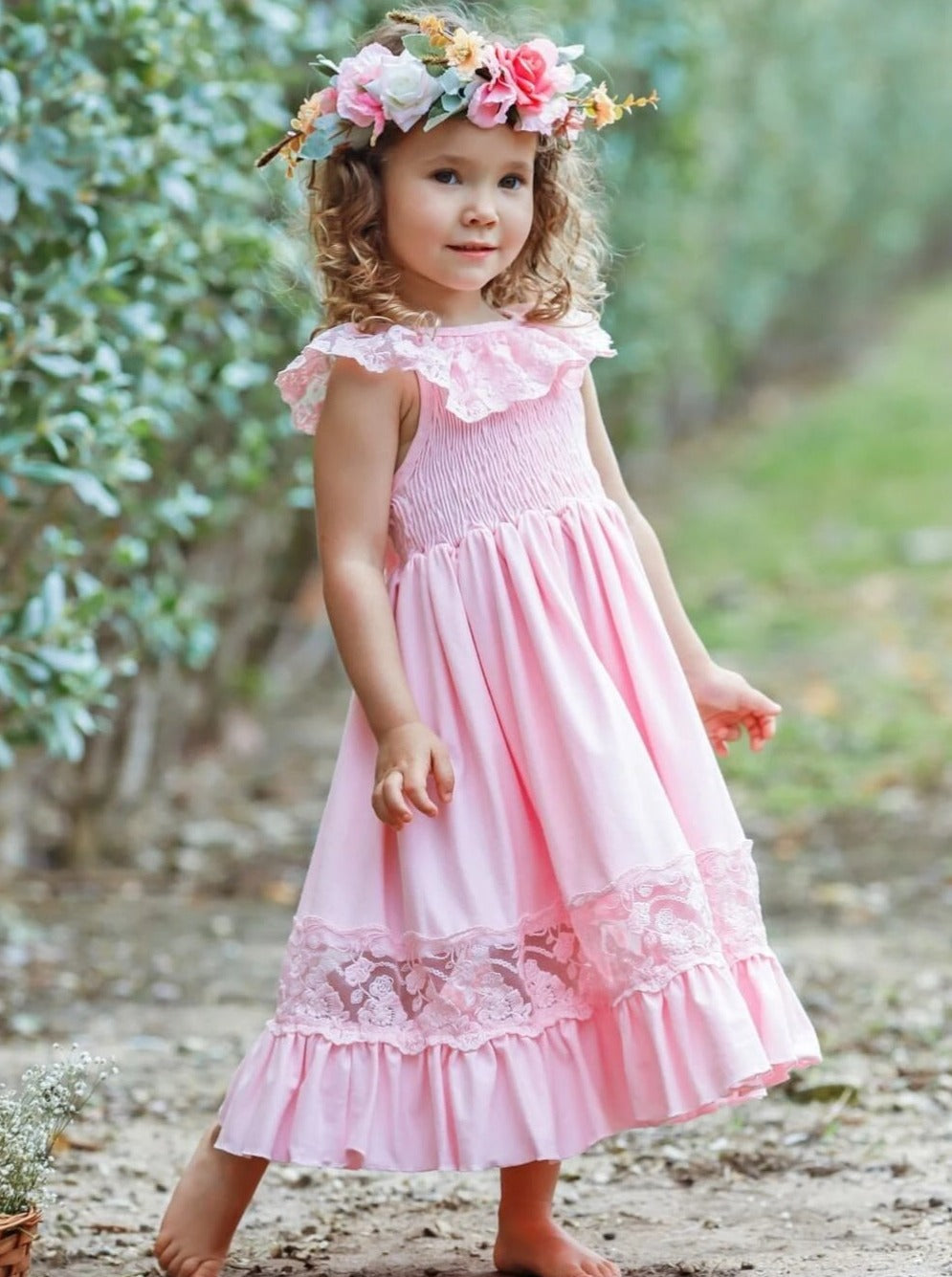 Cute Toddler Outfit | Girls Spring Smocked Lace Ruffled Maxi Dress 