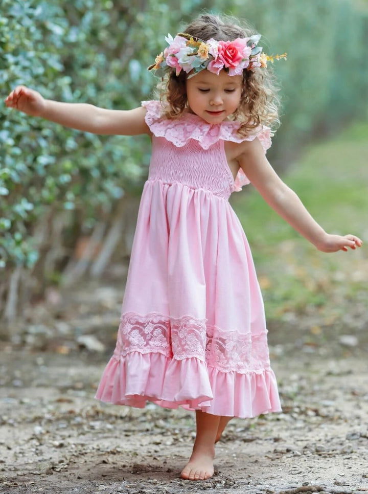 Cute Toddler Outfit | Girls Spring Smocked Lace Ruffled Maxi Dress 