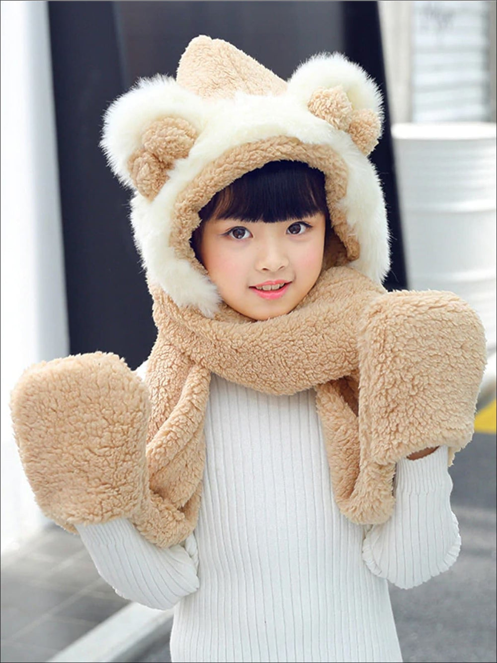 Girls Soft Plush Bear Ear Winter Hat with Neck Scarf - Beige - Girls Hats