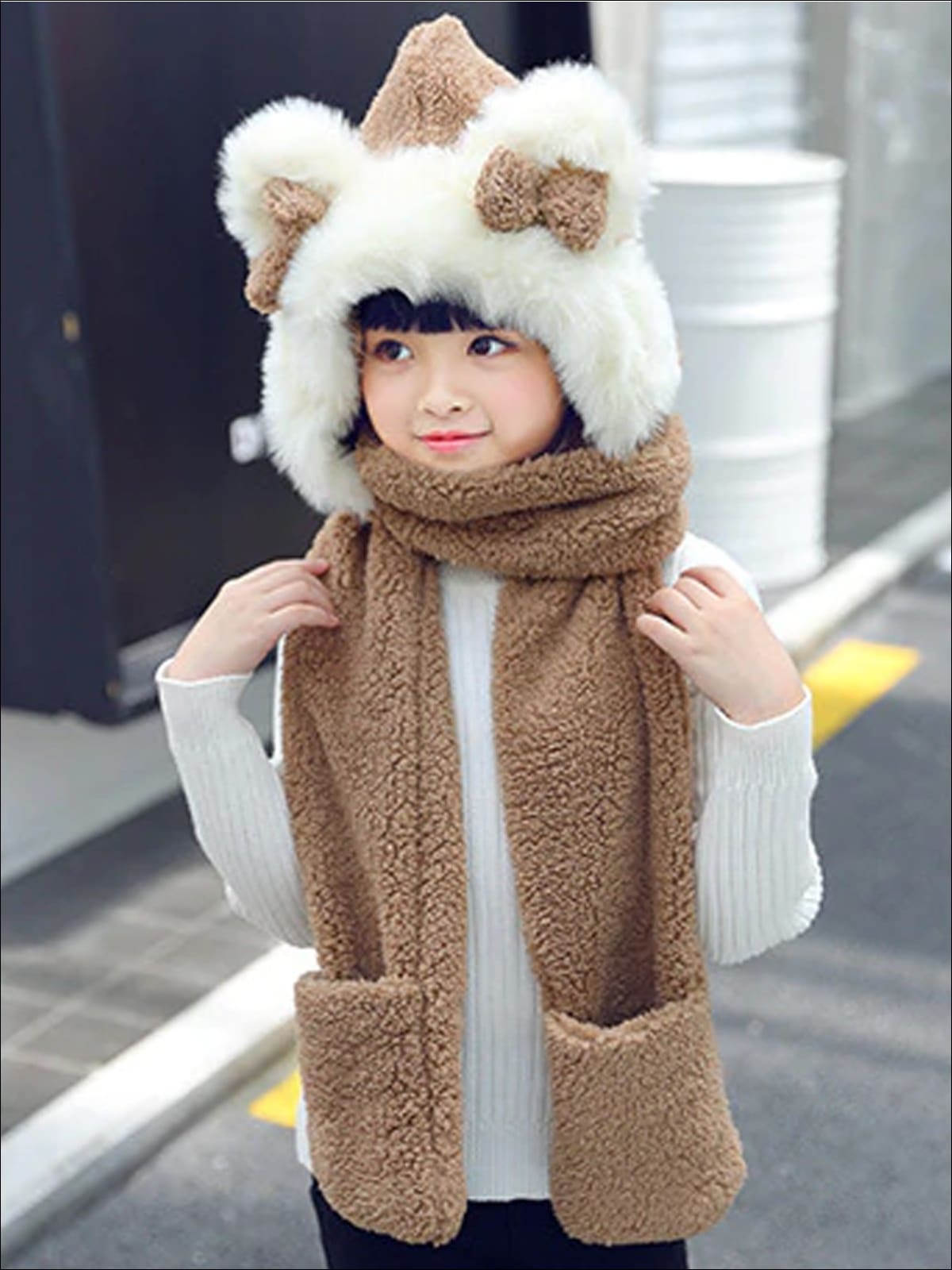 Girls Soft Plush Bear Ear Winter Hat with Neck Scarf Mia Belle Girls