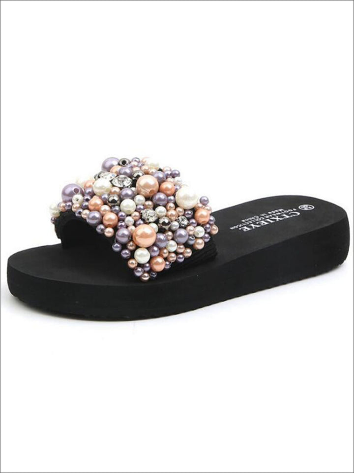 Girls Sparkling Pearl and Rhinestone Embellished Flip Flops - Girls Slides