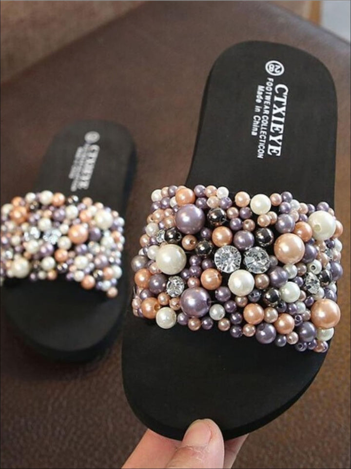 Girls Sparkling Pearl and Rhinestone Embellished Flip Flops - Multicolor / 1 - Girls Slides