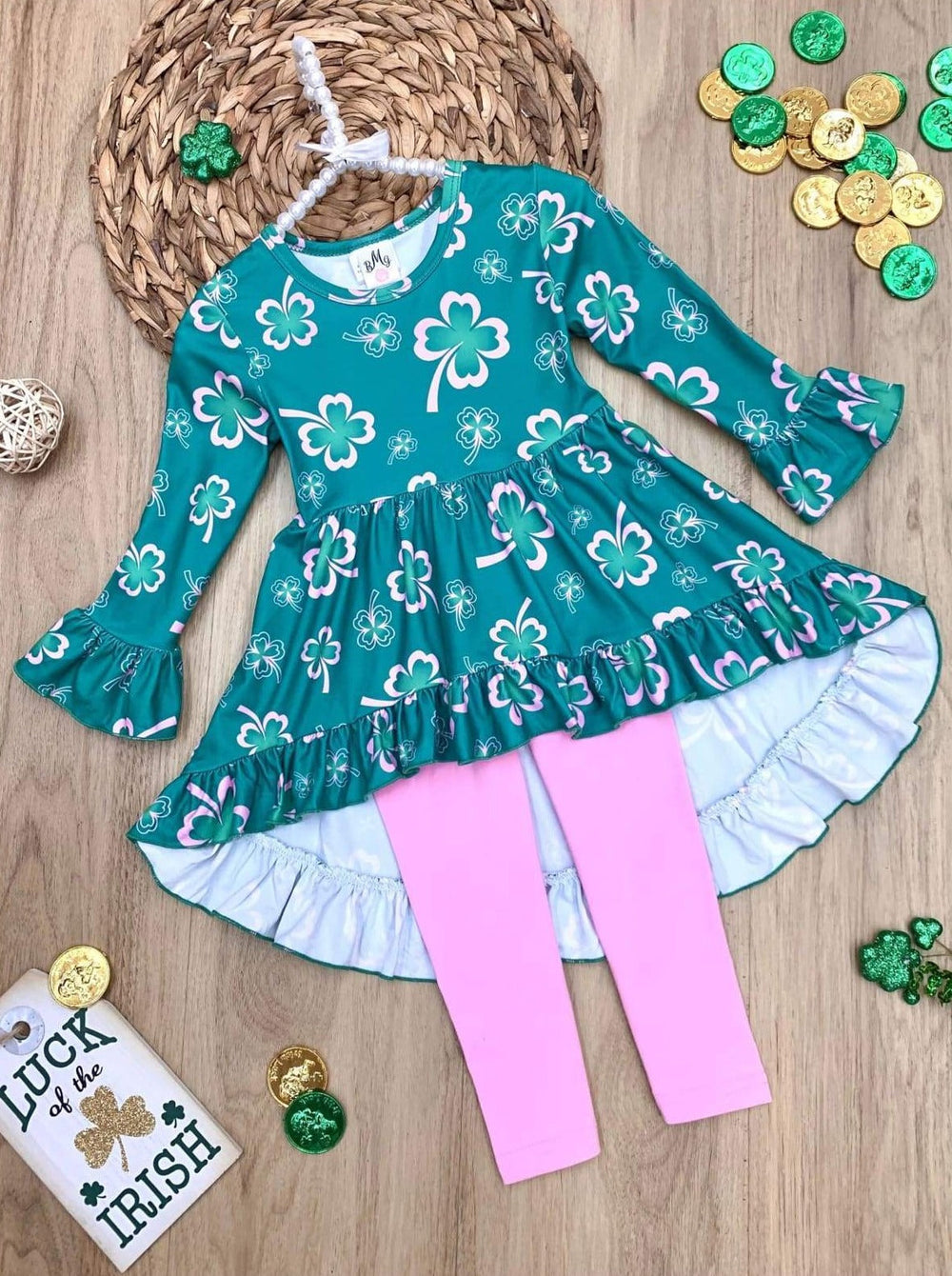 St. Patrick's Day Clothes | Girls Ruffled Hi-Lo Tunic & Legging Set 