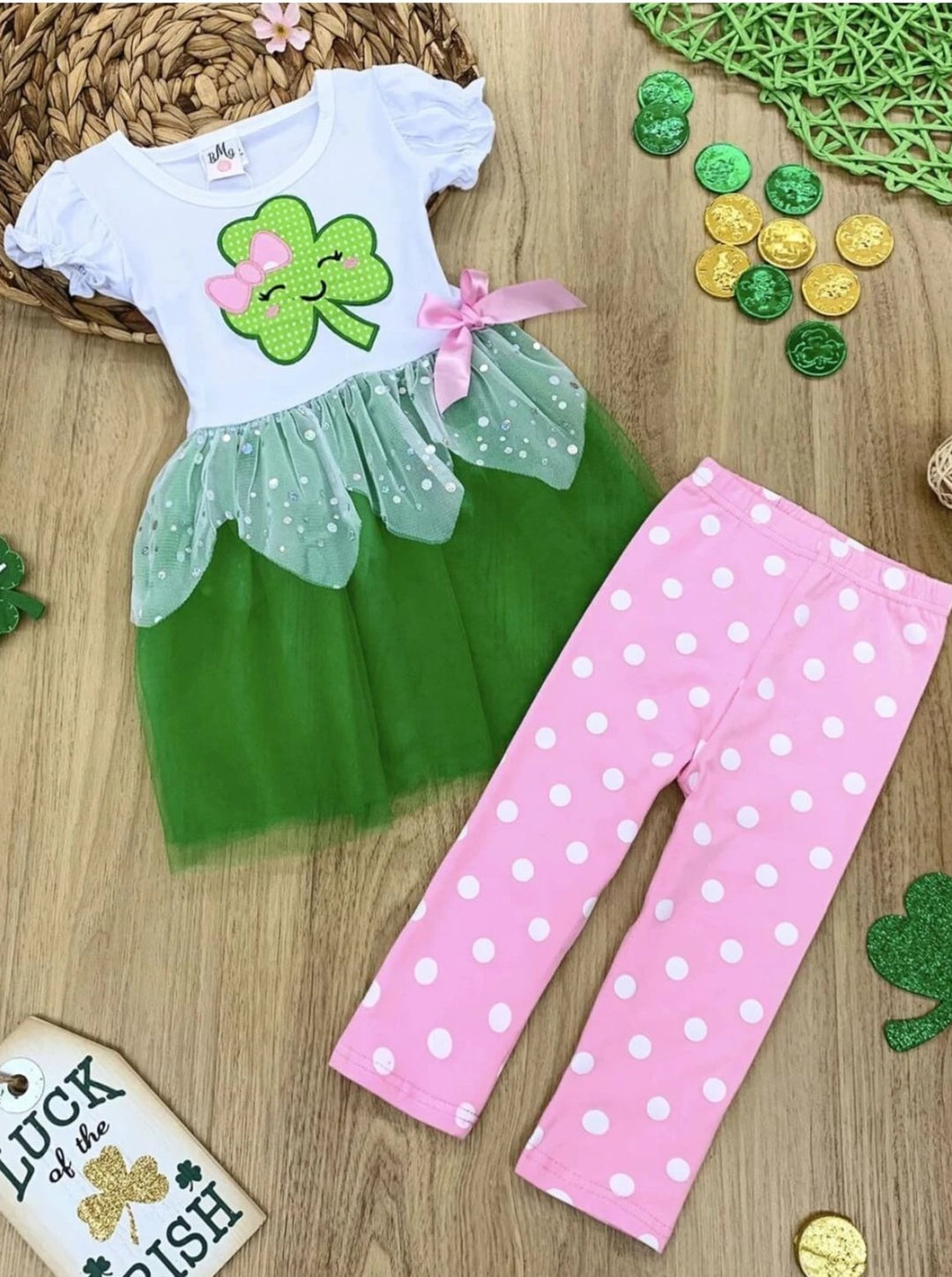 Mia Belle Girls St. Patrick's Day Tutu Tunic And Polka Dot Legging Set