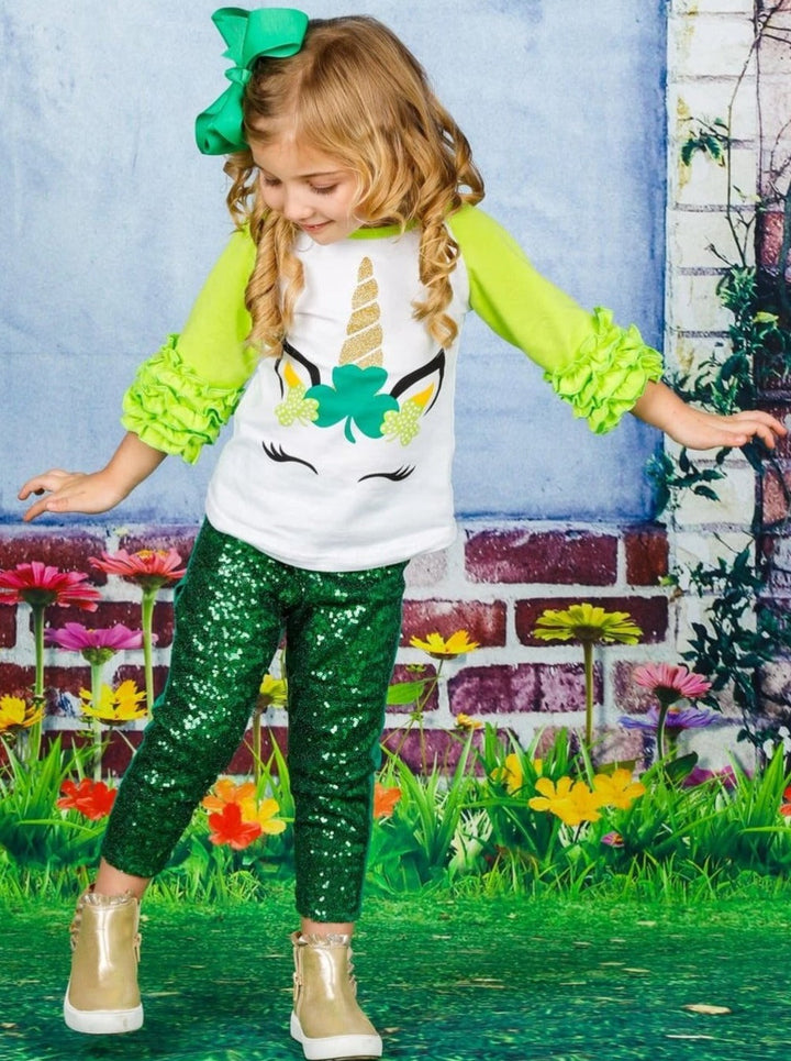 St. Patrick's Day Clothes | Little Girls Unicorn Ruffled Raglan Top