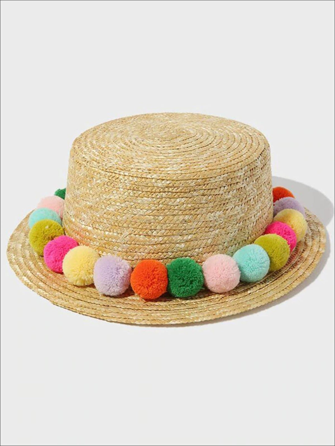 Girls Straw Hat With Plush Rainbow Pompoms - Tan - Girls Hats