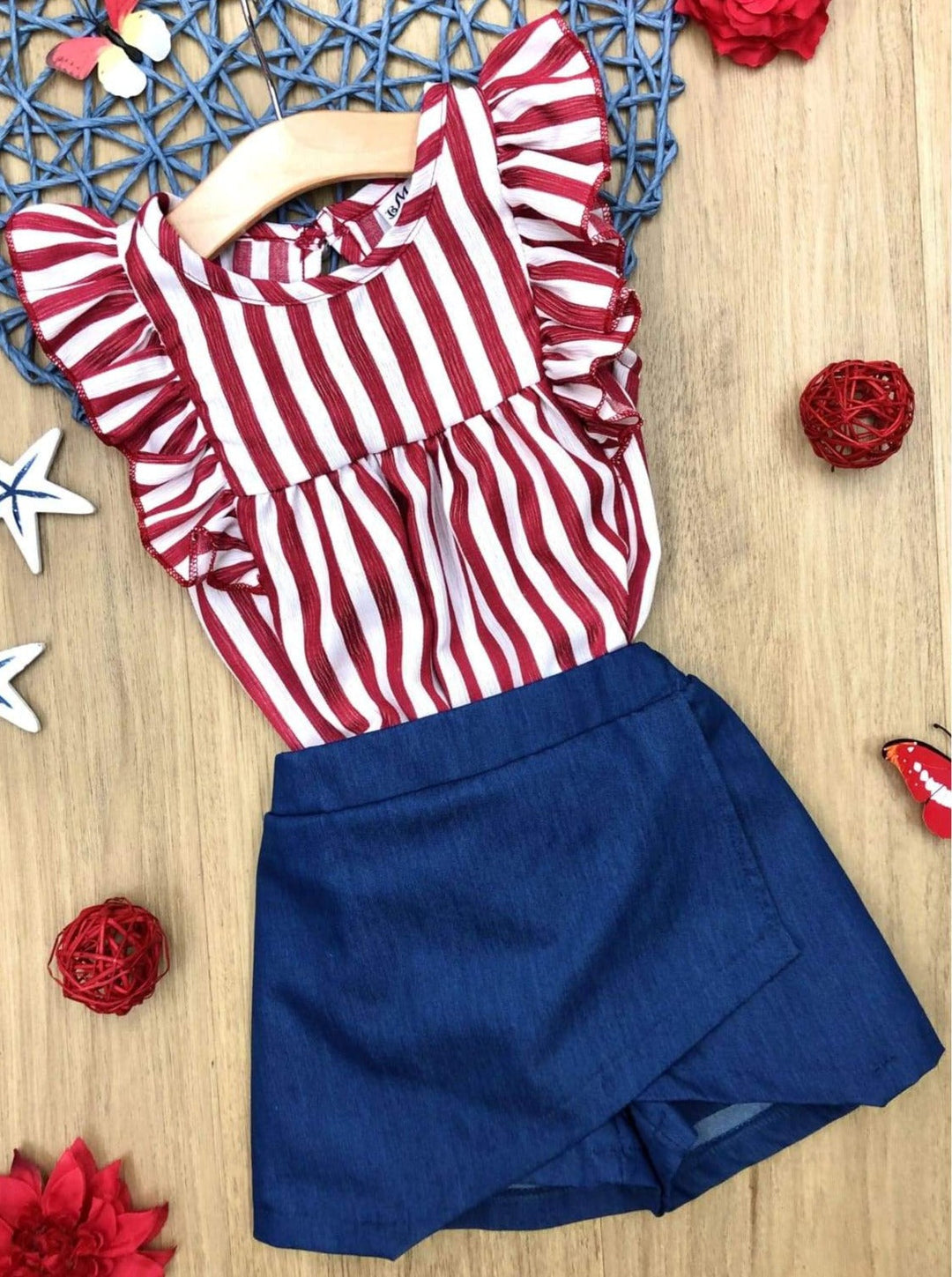 Mia Belle Girls Striped Flutter Sleeve Top And Skort Set | 4th of July