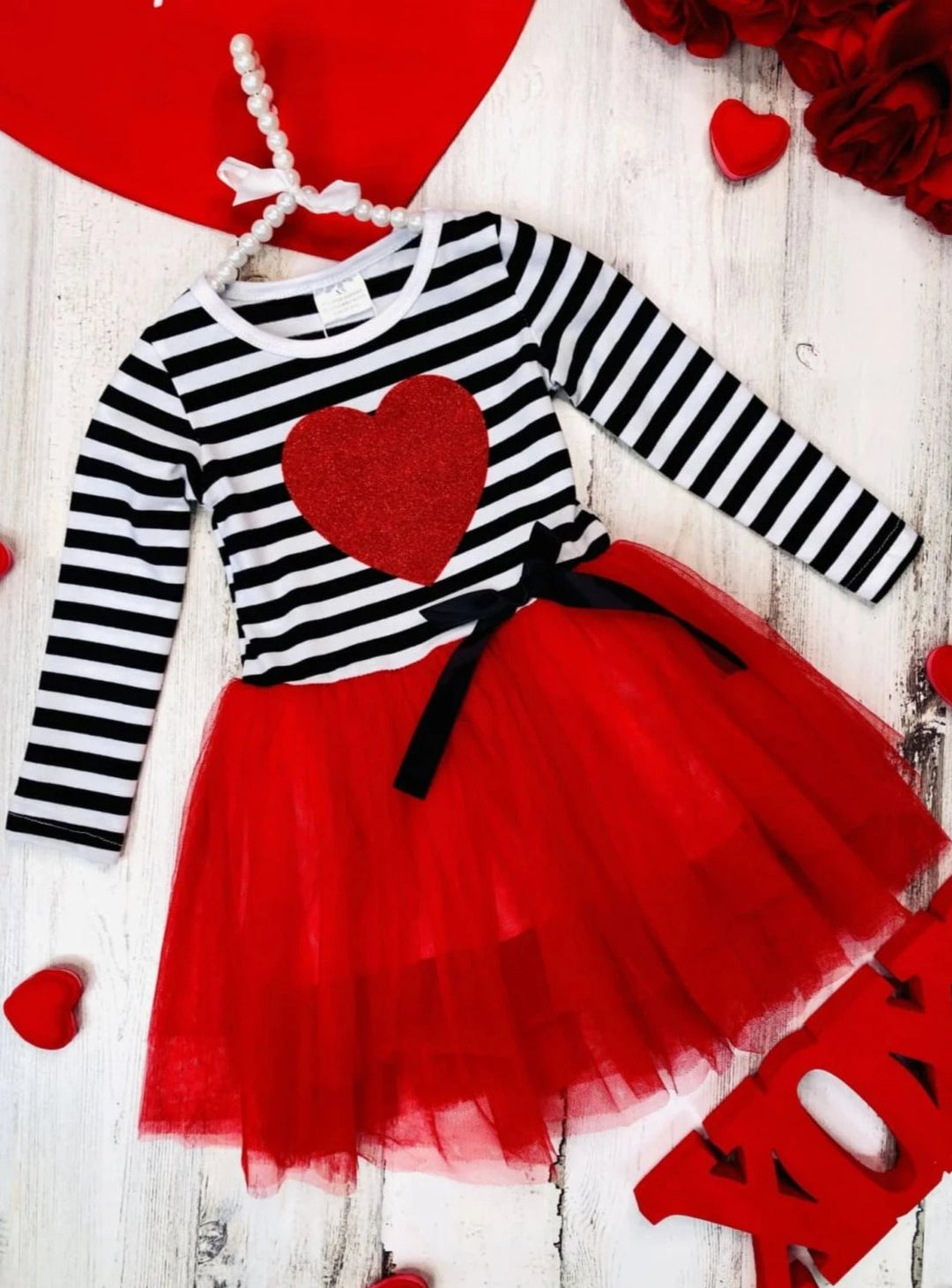 Toddler Valentine's Clothes | Girls Glittered Heart Striped Tutu Dress