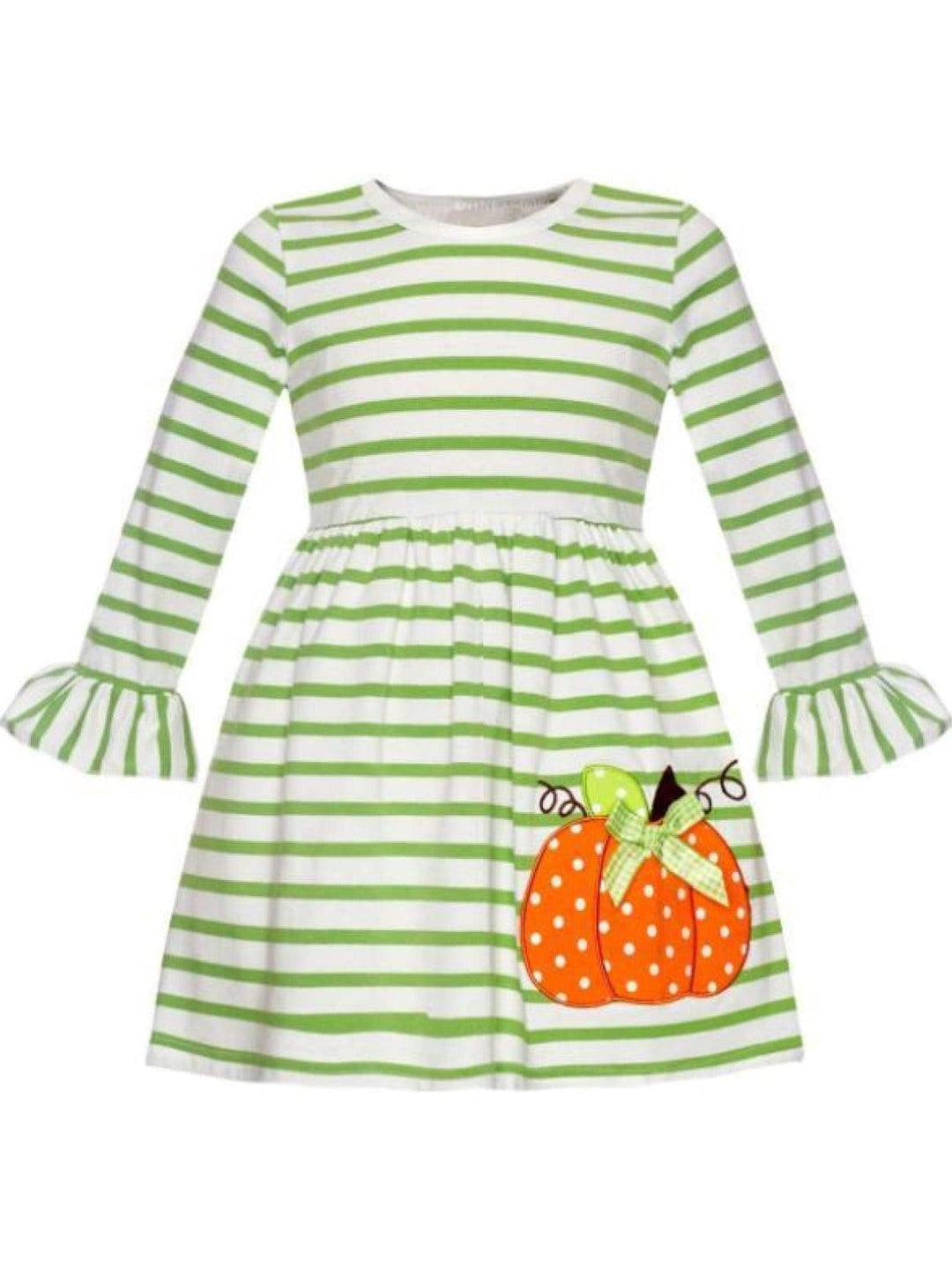 Little girls Fall long-sleeve striped A-line dress with ruffle cuffs and polka dot pumpkin applique on skirt - Mia Belle Girls