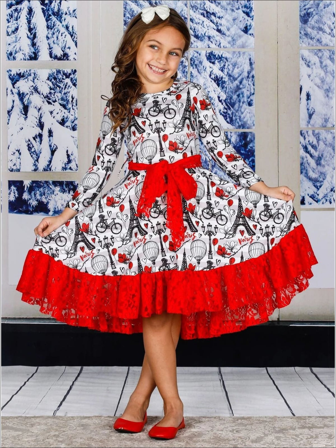 Special Occasion Dresses | Girls Parisian Print Ruffle Lace Hem Dress