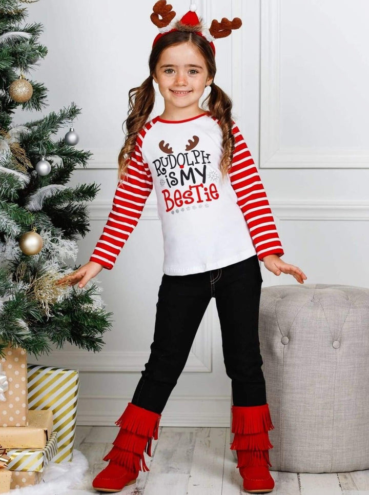 Cute Winter Sets | Girls Rudolph Is My Bestie Top And Cuffed Jeans Set