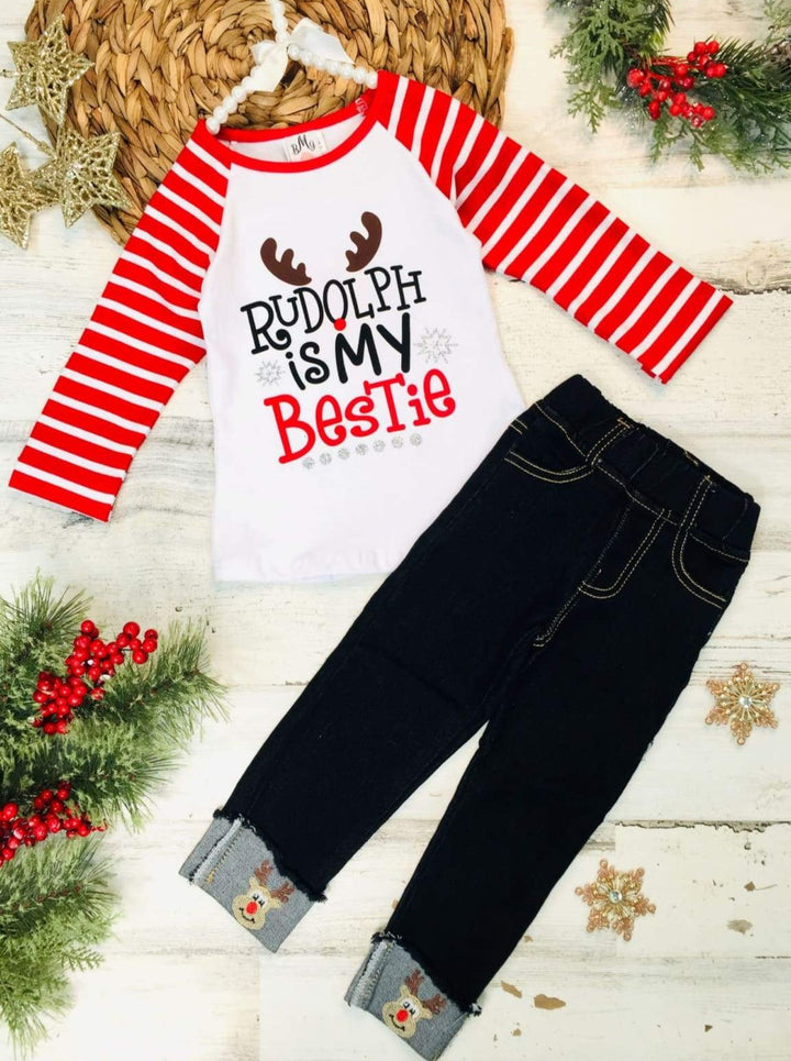 Cute Winter Sets | Girls Rudolph Is My Bestie Top And Cuffed Jeans Set