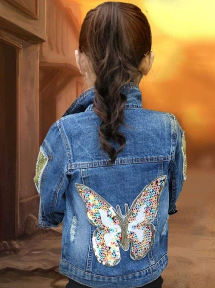 Kids Denim Clothes | Sequin Butterfly Denim Jacket | Mia Belle Girls