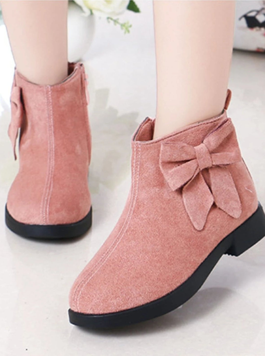 Girls Suede Bow Side Ankle Booties - Pink / 1 - Girls Boots