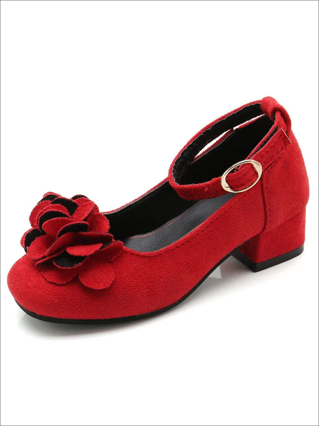 Girls Suede Flower Embellished Flats - Red / 10 - Girls Flats