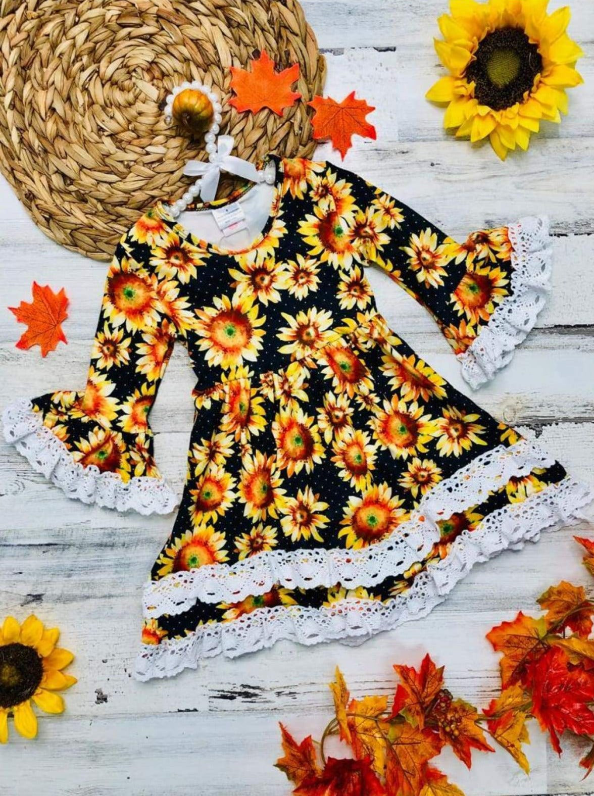 Girls Fall Dresses Sunflower Crochet Ruffle Dress Mia Belle Girls