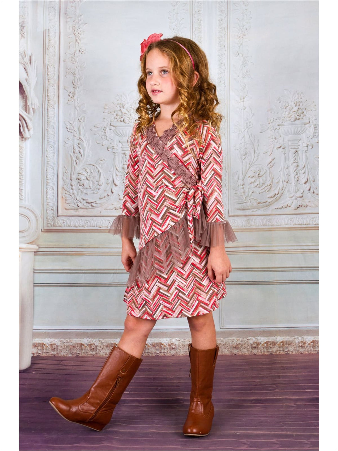 Girls Taupe & Pink Chevron Wrap Dress - Girls Fall Casual Dress