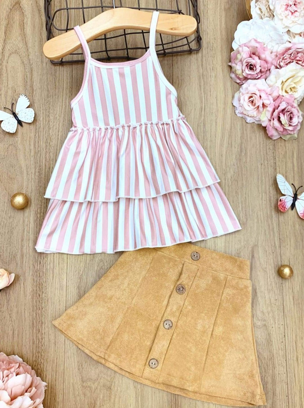 Toddler Spring Outfits | Girls Tiered Striped Tunic & Button Skirt Set