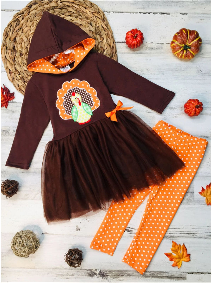 Girls Turkey Peplum Tutu Hoodie and Polka Dot Leggings Set - Brown / 2T - Girls Thanksgiving Set