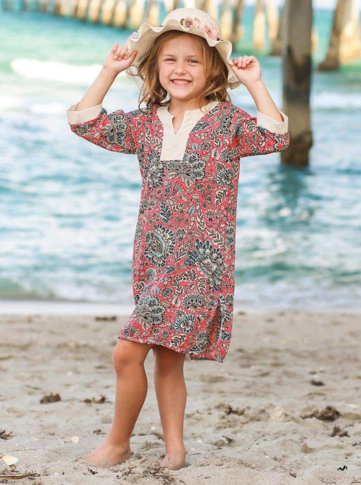 Kids Resort Swimwear | Girls V-Neck Floral Print Caftan Cover Up