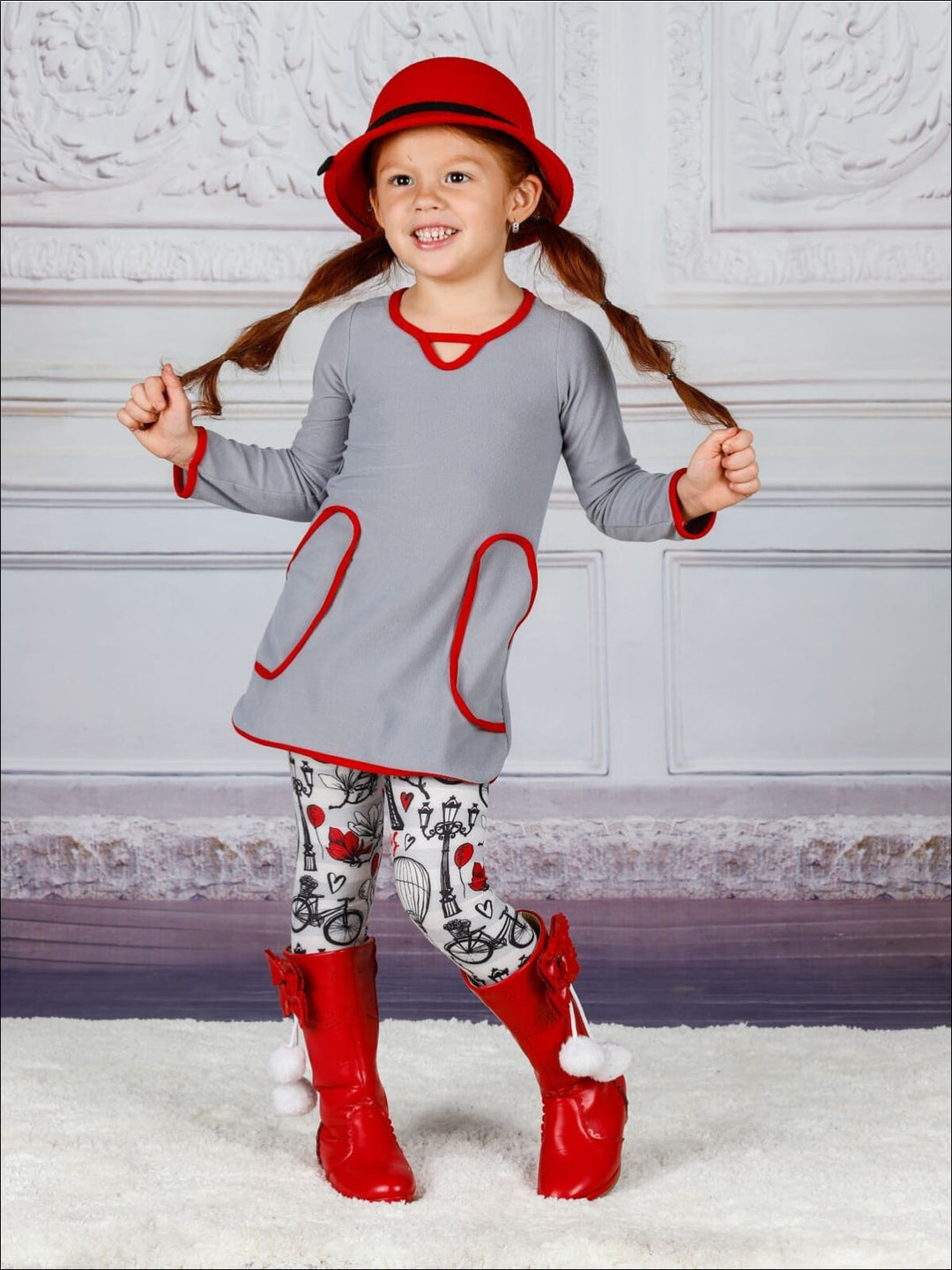 Girls V-Neck Long Sleeve Pocket Tunic & Printed Leggings Set - Girls Fall Casual Set