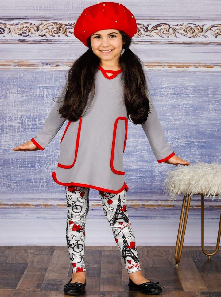 Girls V-Neck Long Sleeve Pocket Tunic & Printed Leggings Set - Girls Fall Casual Set