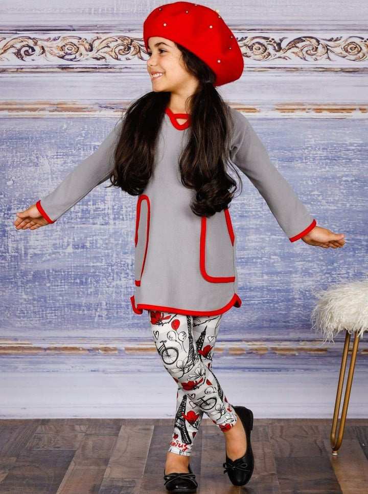 Girls V-Neck Long Sleeve Pocket Tunic & Printed Leggings Set - Girls Fall Casual Set