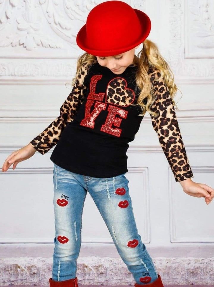 Toddler Valentine's Day Top | Girls Leopard Raglan Sequin Love Top