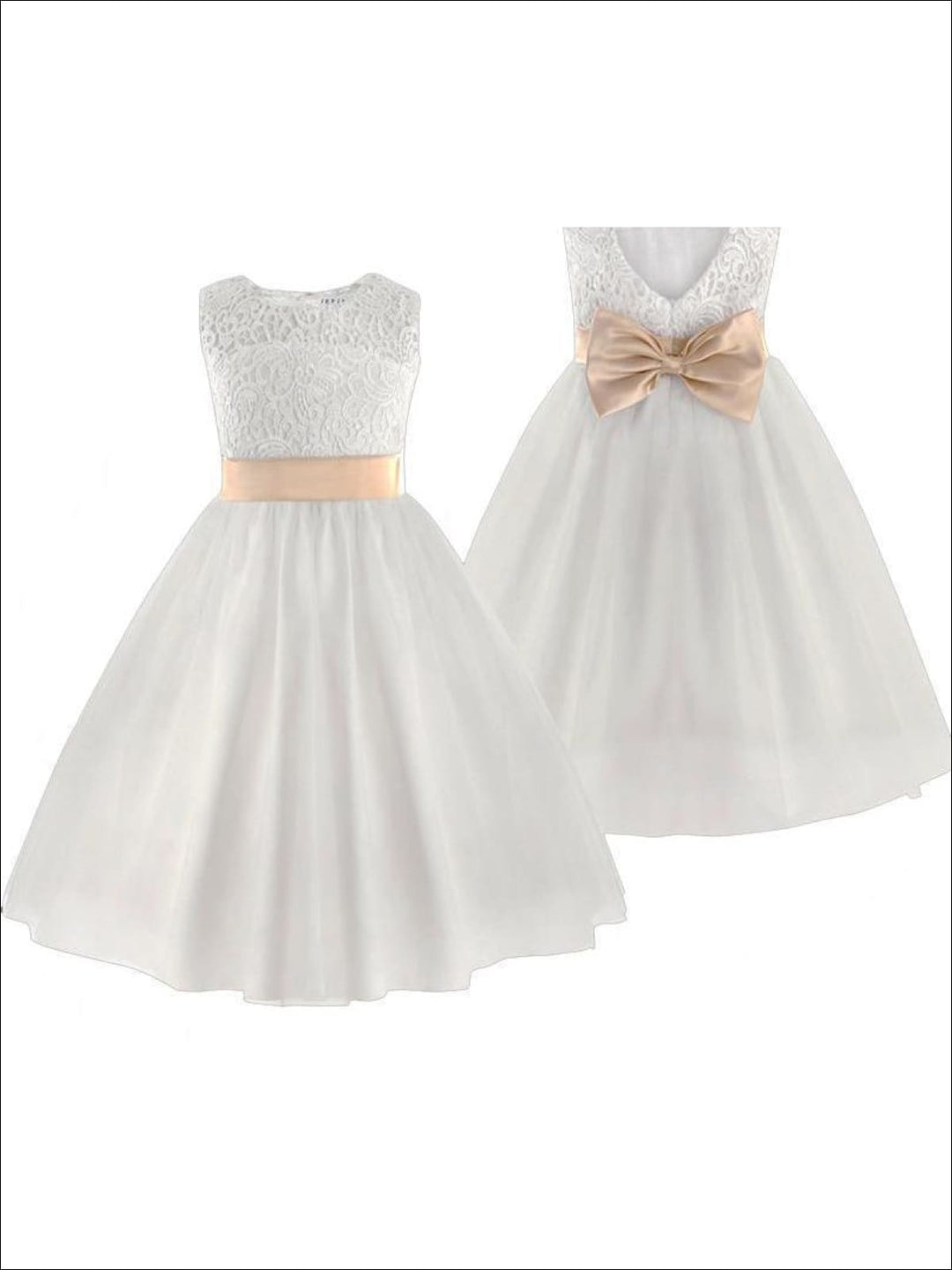 Girls Communion Dresses | White A-Line Lace Open Back Gold Bow Dress