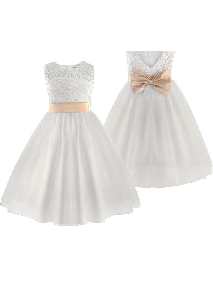 Girls Communion Dresses | White A-Line Lace Open Back Gold Bow Dress