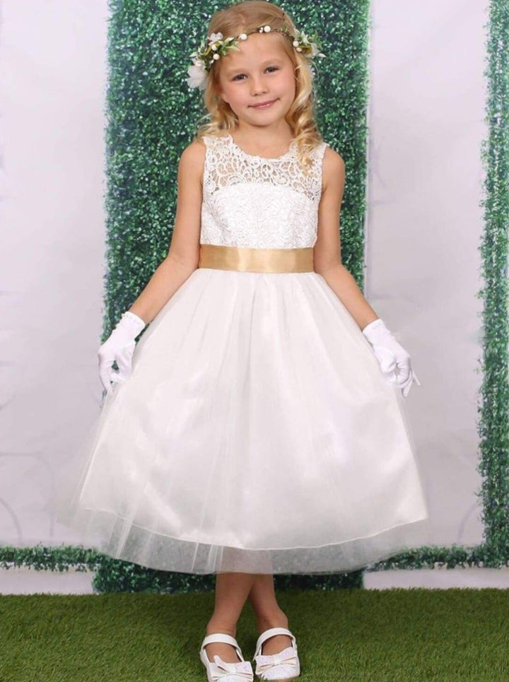 Girls Communion Dresses | White A-Line Lace Open Back Gold Bow Dress