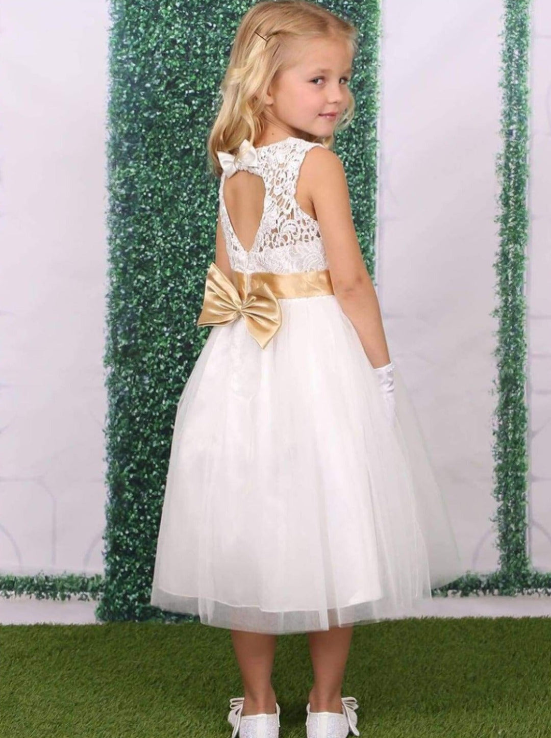 Girls Communion Dresses | White A-Line Lace Open Back Gold Bow Dress