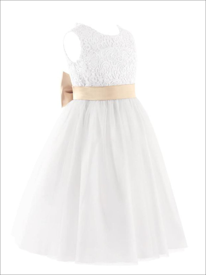 Girls Communion Dresses | White A-Line Lace Open Back Gold Bow Dress