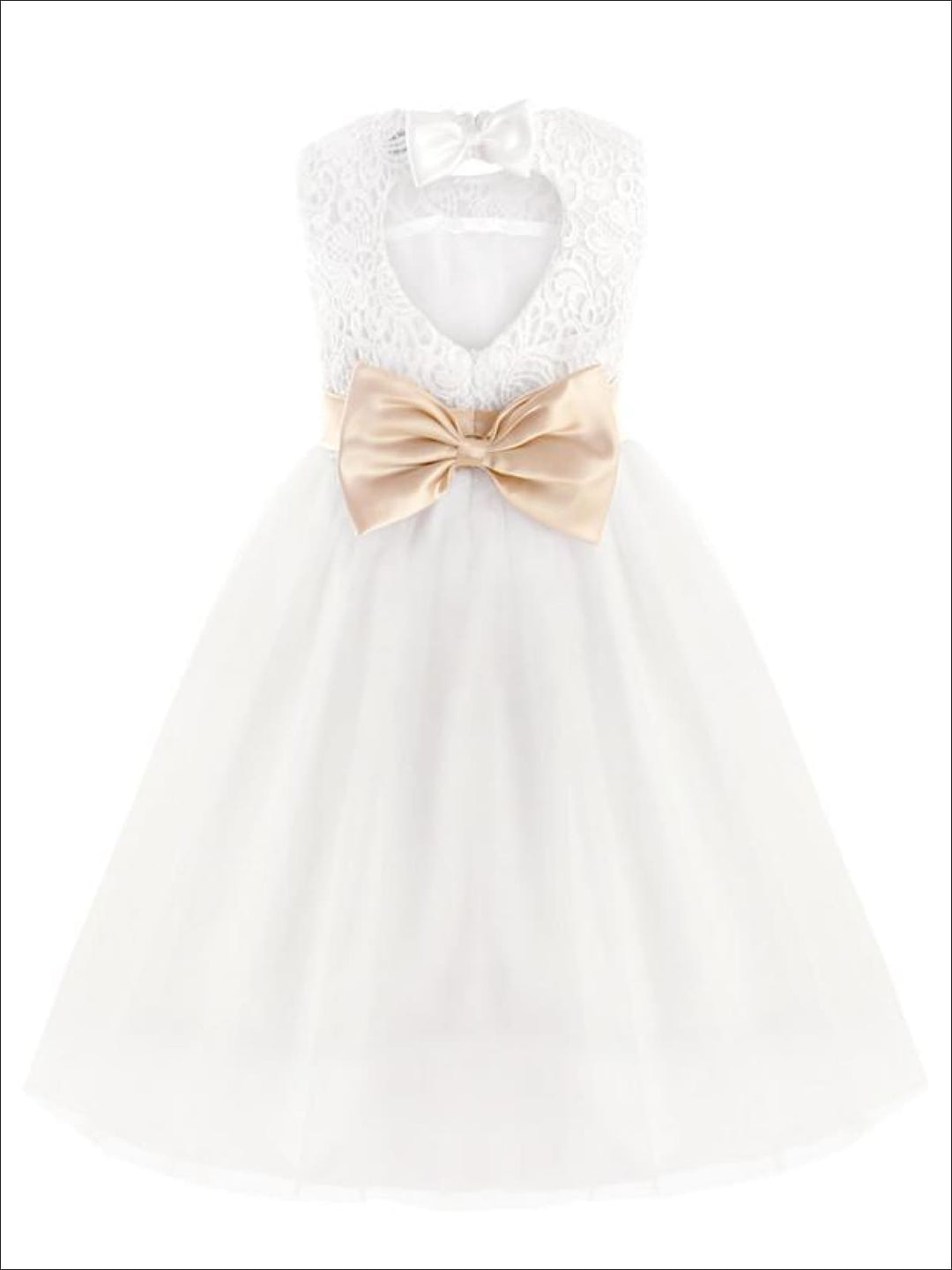 Girls Communion Dresses | White A-Line Lace Open Back Gold Bow Dress