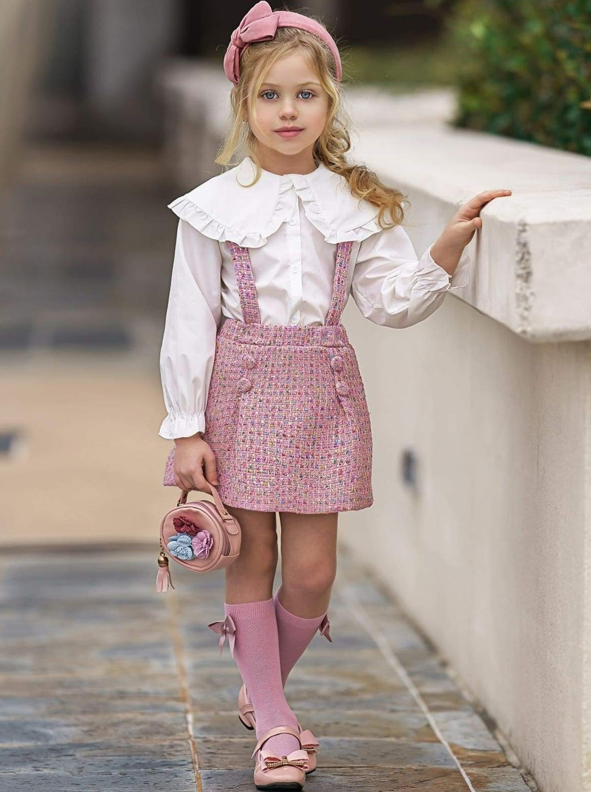 Mia Belle Girls Tweed Overall Skirt Set