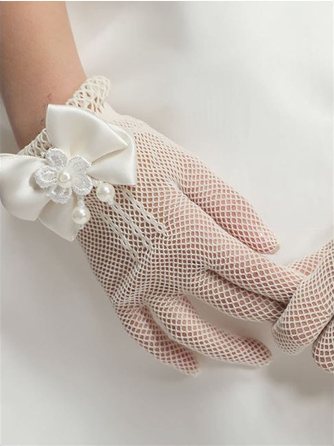 Kids Fashion Accessories | White Fishnet Gloves | Mia Belle Girls