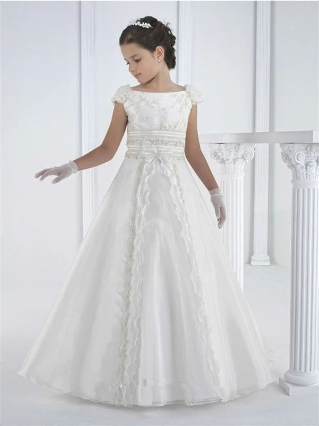 Mia Belle Girls Communion Dresses | White Beaded Gown