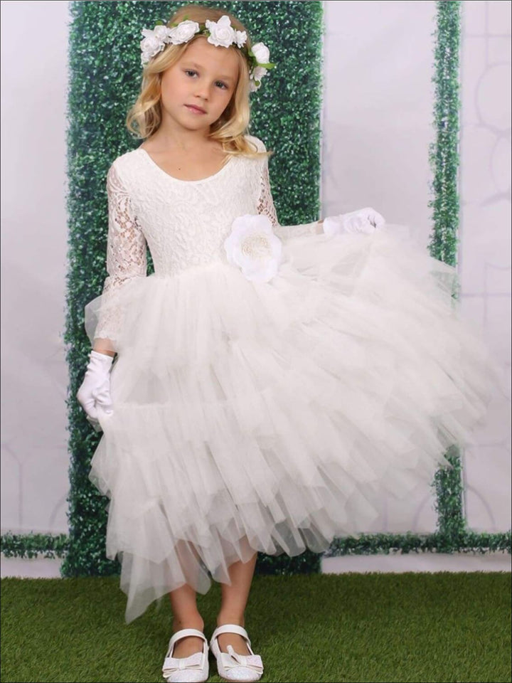 Girls Communion Dresses | White Maxi Lace Tiered Ruffled Party Dress