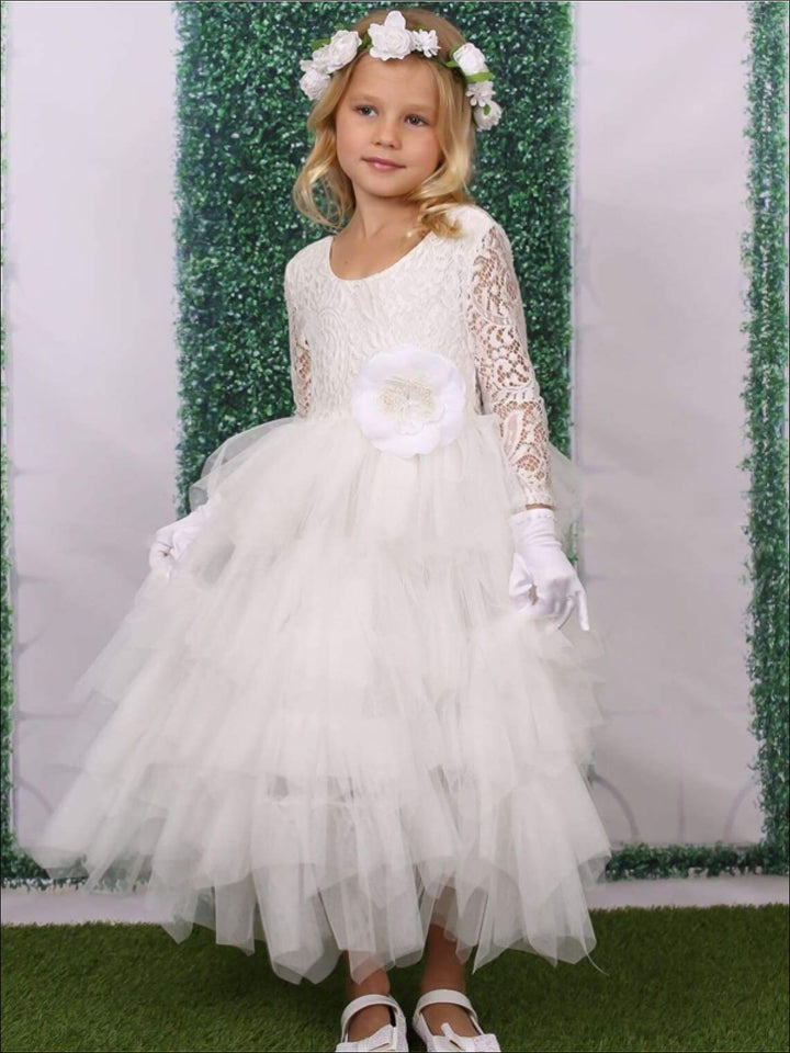 Girls Communion Dresses | White Maxi Lace Tiered Ruffled Party Dress