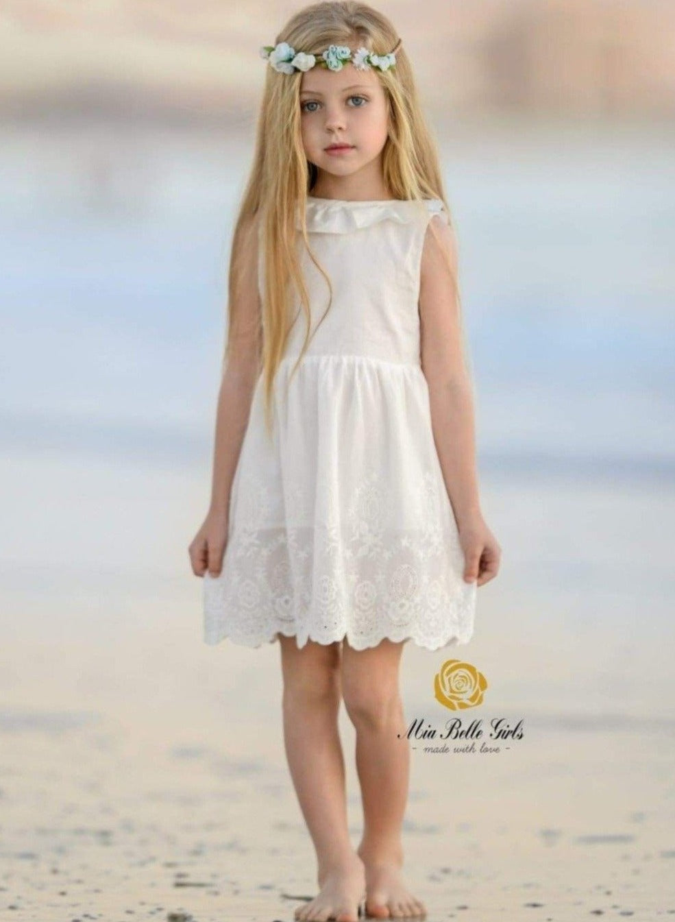 Mia Belle Girls White Lace Ruffled Dress | Girls Resort Wear